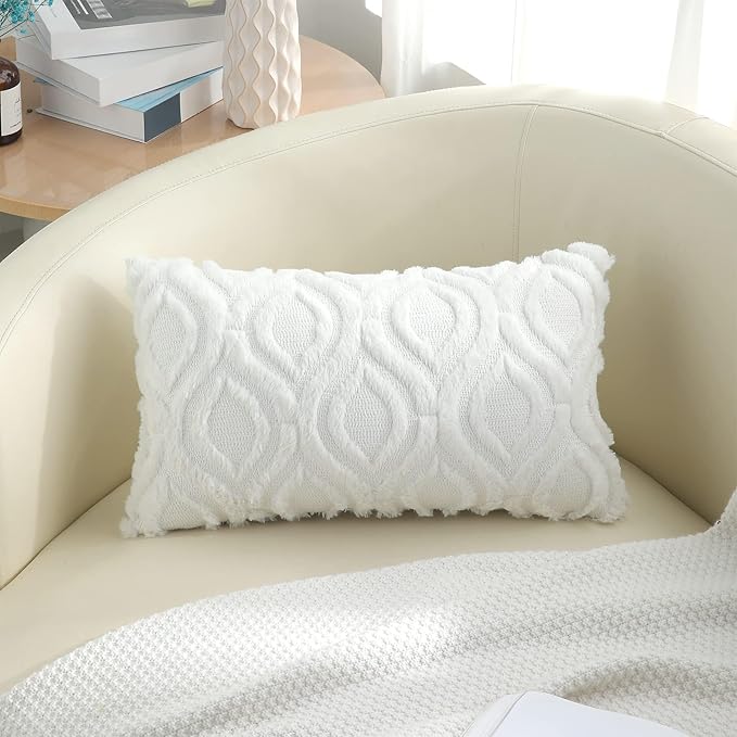 decorUhome Spring Throw Pillow Covers 12x20 Inch Set of 2, Soft Plush Faux Wool White Solid Couch Pillow Covers, Accent Farmhouse Neutral Square Pillow Cases for Sofa Bed Living Room