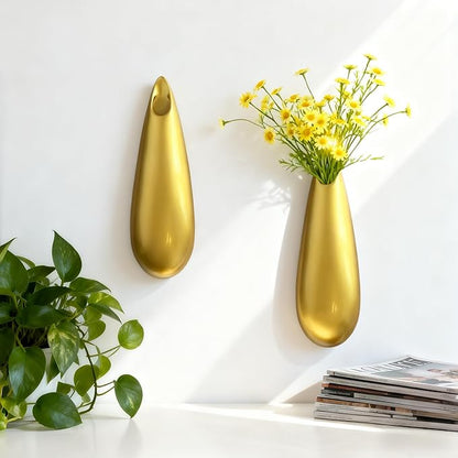 Sculptural Wall Ceramic Vase — 2 Pack Gold Hanging Sconce Vase | Turn Flowers into Art — Decorative Ceramic Wall Sconce for Single Stem Displays