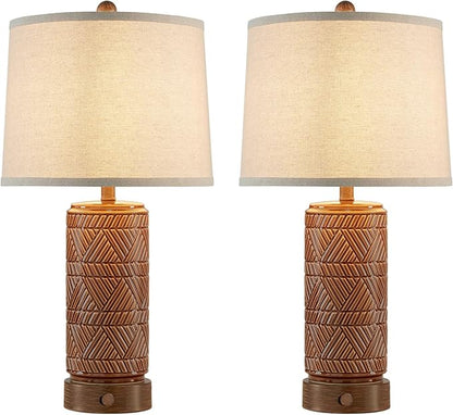 RORIA Set of 2 Vintage Touch Table Lamps for Living Room, 3 Way Dimmable Nightstand Lamp with 2 USB Port, Farmhouse Rustic Boho Ceramic Desk Lamps for Bedroom End Table, Bulbs Included