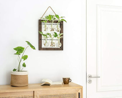 Mkono Propagation Station Wall Hanging Glass Planter, Flower Bulb Vase Plant Terrarium with Retro Wooden Stand Double Layer for Hydroponics Plants Home Garden Office Decor