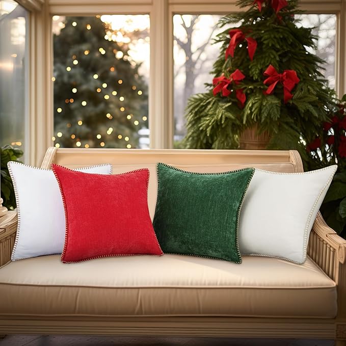 decorUhome Spring Chenille Soft Throw Pillow Covers 12x20 Set of 2, Lumbar Velvet Farmhouse Neutral Decorative Pillow Covers with Stitched Edge for Couch Sofa Bed Home Decor, Christmas Red