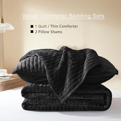 LEAONME Velvet Quilt King Size 98''x106'', Lightweight Black Velvet Comforter Set with 2 Matching Shams, Soft Cross Stitch Bedspread Coverlet Bedding Set for All Season
