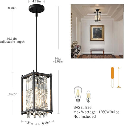 LMQNINE Modern Black Pendant Light Fixtures for Kitchen Island, Crystal Chandelier Lights Fixture, Adjustable Farmhouse Pendant Lighting for Dining Room Bedroom (Square 1-Light)