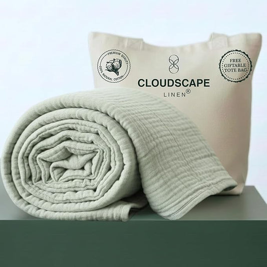 Luxury 100% Cotton Muslin Blanket King Size, 4 Layer Oversized 92x108 Fit Upto Calking Bed, Layering Winter Blankets for Bed, Soft Cotton Gauze Quilt, All Season Seafoam Bedding