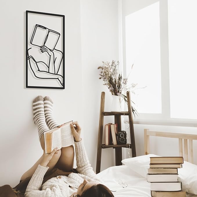 Bakovity Black Metal Wall Art, Minimalist Line Wall Decor, Abstract Woman Book Wall Decor, Modern Aesthetic Metal Art for Bedroom Bathroom Living Room (4 Pcs, 17 x 9 in)