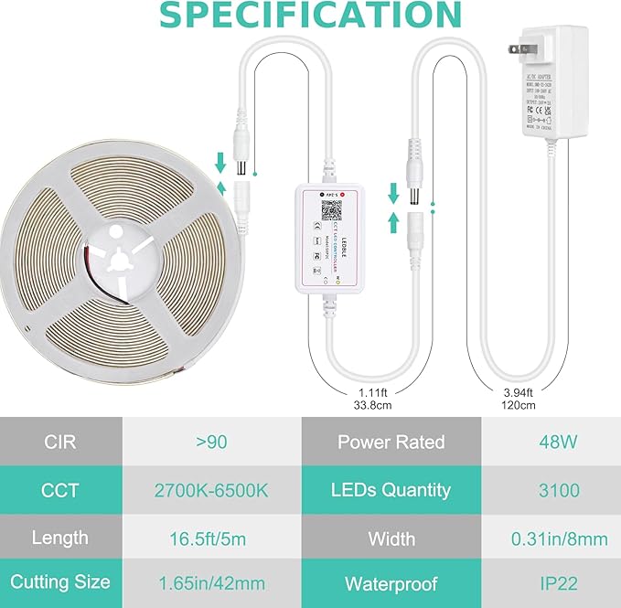 COB LED Strip Light White, 16.5ft Dimmable 2700K-6500K High Density 3100LEDs 24V Flexible LED Tape Light with Remote and APP Control, for Under Cabinet Bedroom Kitchen DIY Lighting