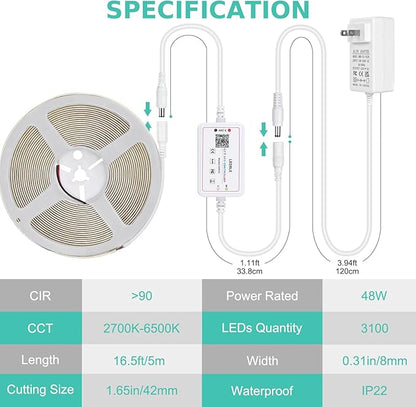 COB LED Strip Light White, 16.5ft Dimmable 2700K-6500K High Density 3100LEDs 24V Flexible LED Tape Light with Remote and APP Control, for Under Cabinet Bedroom Kitchen DIY Lighting