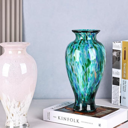 11.8" Tall Turquoise Glass Vase Beautiful Hand Blown Glass Vase Modern Art Home Decor, Wide Mouth Colorful Vases for Mantle Dining Table Centerpiece, Entryway Living Room Wedding Decoration