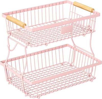2 Tier Fruit Basket for Kitchen Counter with 2 Banana Hangers, Countertop Metal Fruit Bowl with Wooden Handle, Large Storage Stand for Vegetables, Snacks, Breads, Produce Storage – Pink