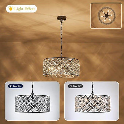 Black Crystal Chandelier, 18" Large Drum Ceiling Light, Modern 6-Light Crystal Pendant Lighting, Convertible Semi Flush Mount Hanging Fixture for Dining Room, Living Room, Bedroom, Kitchen, Hallway
