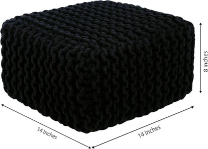 COTTON CRAFT Braided Footrest - Handknitted Cotton Cord Dori Foot Stool Ottoman - Low Floor Pouf - Lightweight Portable - Small Spaces Living Room Bedroom Entryway Under Desk - 14 x 8 Square - Black
