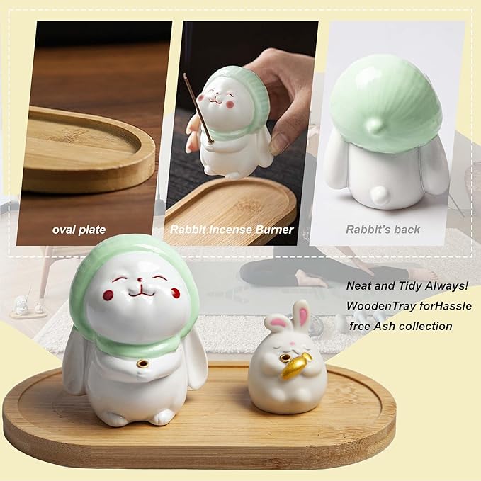 3 Pcs-Incense Holder Cute Resin Rabbit Incense Stick Holder Set with Bamboo Ash Catcher Tray - Animal Incense Burner for Meditation, Yoga & Home Decor (Fits Standard Incense Sticks)