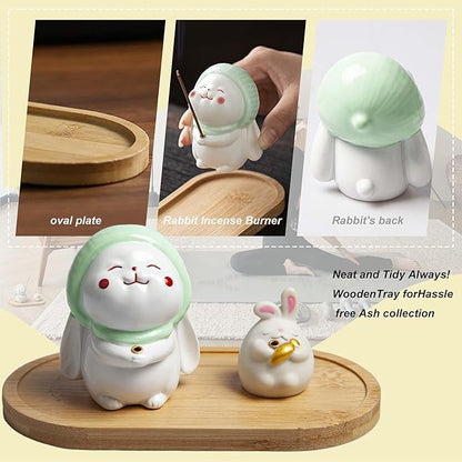 3 Pcs-Incense Holder Cute Resin Rabbit Incense Stick Holder Set with Bamboo Ash Catcher Tray - Animal Incense Burner for Meditation, Yoga & Home Decor (Fits Standard Incense Sticks)