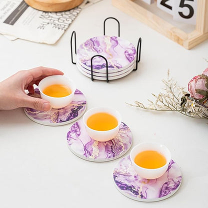 Ceramic Drink Coasters Set of 6 with Holder, Modern Marble Absorbent Ceramic Coasters, Round Ceramic Table Coasters for Home Decor Coffee Kitchen (4 Inches), Purple