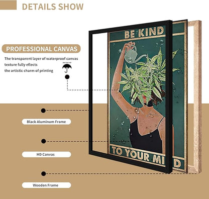 Framed Art Vintage Be Kind To Your Mind Poster Mental Health Quote Canvas Wall Art Cool Poster Unique Green Plant Girl Print Painting Retro Home Wall Decor Picture for Women Bedroom 12x16in