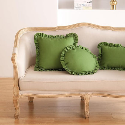 ISAENNE Classic Green Round Throw Pillow Cover Diameter 16", Solid Color Cottage Linen Cotton Decoration Pillow Cover with Ruffles, Sturdy Throw Pillow Case for Couch Sofa Bed Living Room