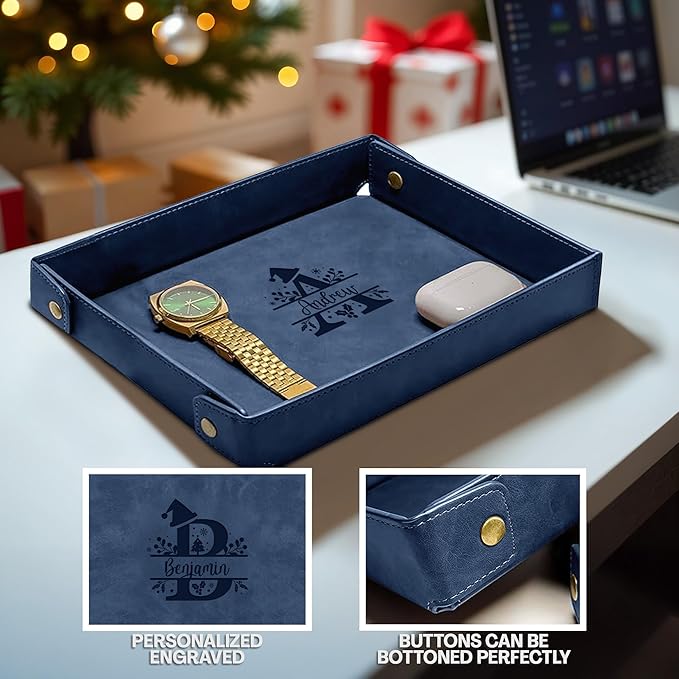 Engraved Christmas Blue Leather Valet Tray – Personalized Rectangle Catchall Organizer for Wallet, Keys, and Jewelry – Gift for Men, Dad, Couples – Dresser Top or Coffee Table Tray Decor