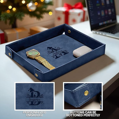 Engraved Christmas Blue Leather Valet Tray – Personalized Rectangle Catchall Organizer for Wallet, Keys, and Jewelry – Gift for Men, Dad, Couples – Dresser Top or Coffee Table Tray Decor