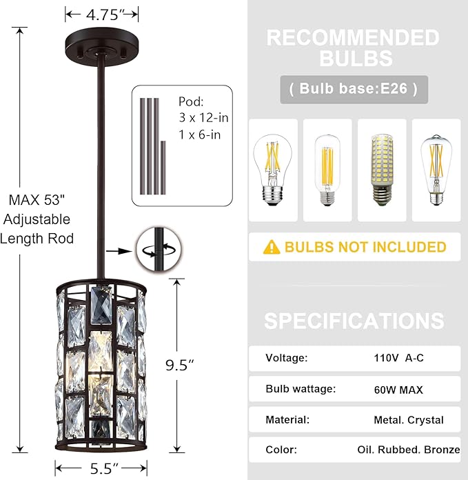 Doraimi Lighting 3 Pack 1 Light Hanging Kitchen Island 5.5" Crystal Modern Pendant Light Fixture,Brushed Nickel Finish with Crystal Shade for Bar,Dining Room,Corridor,Living Room Over Sink