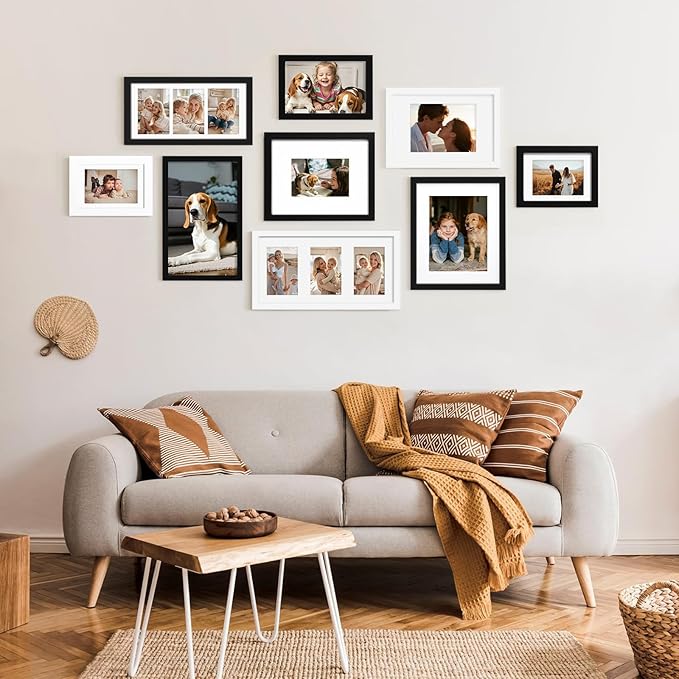 KINLINK 10x12 Picture Frame White, Solid Wood Frames with Acrylic Plexiglass for Pictures 7x9 with Mat or 10x12 without Mat, Tabletop and Wall Display Photo Frame, Set of 4