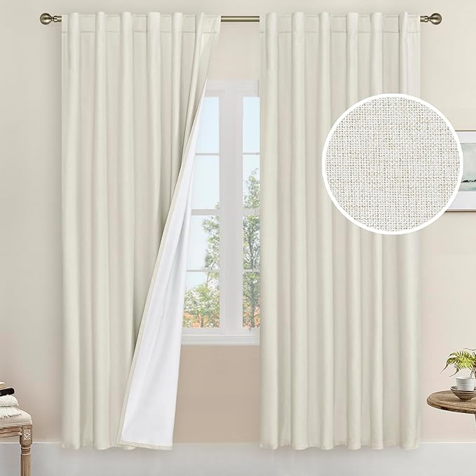 LAMIT Natural 100% Blackout Linen Curtains, 80 Inches Linen Textured Thermal Bedroom Curtains Back Tab and Rod Pocket Neutral Panels with White Liner for Farmhouse, 2 Panels, 52 x 80 Inch, Ivory