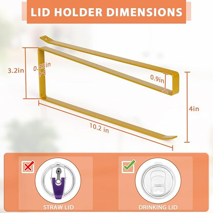 Tumbler Lid Organizer, Horizontal Tumbler Lid Storage Hook Up to 10 Lids, Space Saving Cup Lid Holders Under Cabinet Tumbler Lid Hook for Kitchen Organizer and Storage, Paper Towel Rack Hanger (Gold)