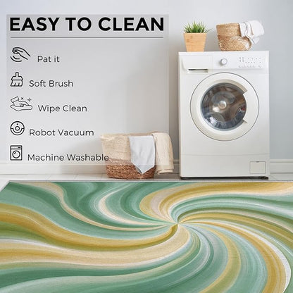 2x3 Yellow Green Swiral Throw Rugs for Entryway, Washable Modern Abstract Art Pattern Indoor Door Mat, Bedroom Kitchen Entrance, Non Slip Soft Thin, Hippie Spiral Decor Small Area Rug PF-P 56