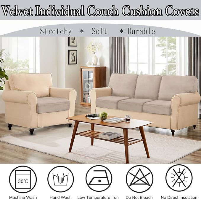 NAISI Couch Cushion Covers 1 Piece Velvet Stretch Sofa Seat Covers or Backrest Covers Soft Individual Couch Covers for Sectional Sofa(1 PC for Seat Cushion or Backrest,Taupe)