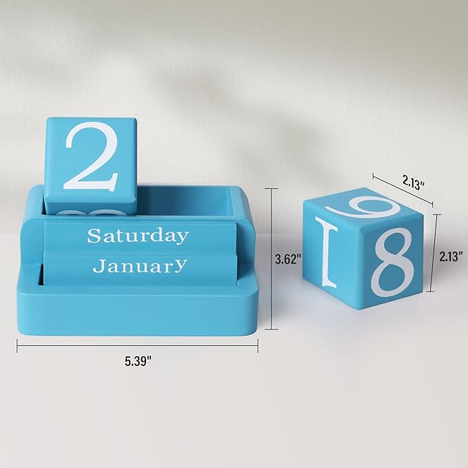 Wooden Block Calendar for Desk, Daily Desktop Perpetual Desk Calendar, Modern Farmhouse Aesthetic Desk Accessories for Home Office Decor, Teacher, Classroom, Reusable Yearly, Blue