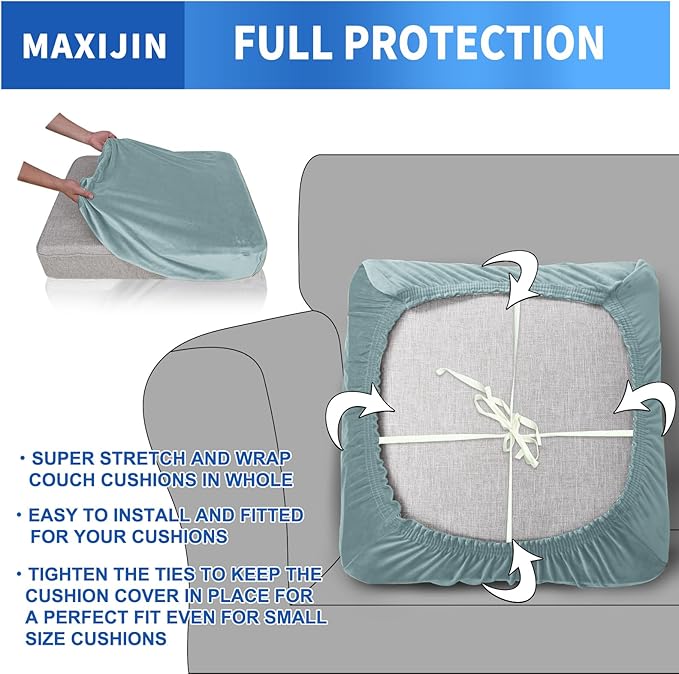 MAXIJIN Velvet Stretch Cushion Cover Fitted Couch Cushion Slipcovers 1 Pack Arm Chair Seat Cushion Cover for Individual Cushion Sofa Chair with Elastic Bottom (Chair Cushion, Dusty Blue)