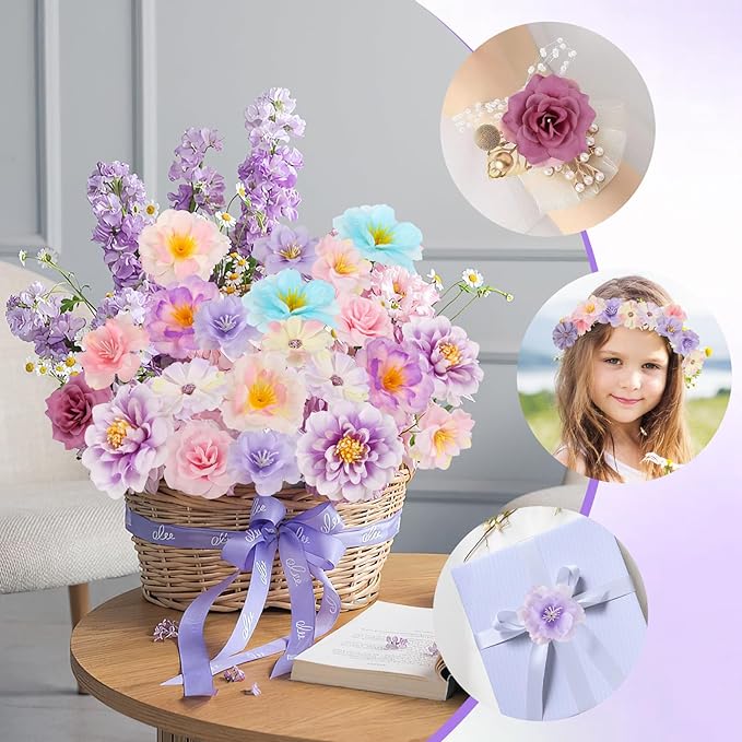 210 Pcs Mini Silk Flower Heads Small Fake Rose Daisy Faux Flowers Bulk for Crafts Artificial Loose Fabric Flowers Heads Sunflower Bulk for Wedding Hair Cap Dresses Decorations (Purple)