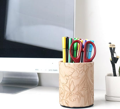 PU Leather Pen Holder Round Flash Makeup Brush Holder Desktop Pencil Storage Holder Gift for Desk Office Classroom Home(1-Carved Light Brown)