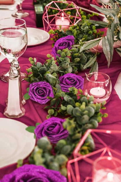 N&T NIETING Artificial Flowers Glowing Purple Flowers Foam 50pcs Glitter Roses Real Looking Fake Roses with Stem for DIY Wedding Bouquets Centerpieces Bridal Shower Party Home Decorations