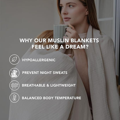 Goqan Muslin Blanket Twin 55x79 – 100% Turkish Cotton 4 Layer Boho Muslin Blanket for Adults, Four Season, Lightweight and Thin, Soft, Breathable, for Bed, Couch - Beige