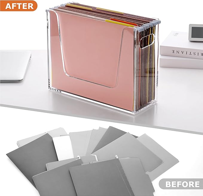 DINGHUO Folder File Organizer, Letter Size Acrylic Hanging File Holder with Handles, Clear Portable Filing Storage Box for Desk, Office Supplies, School - 1 Pack