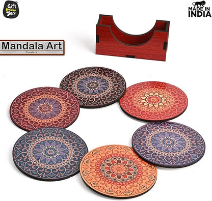 GKD Coaster Set of 6 Beautiful Wooden Coasters with Proper Coaster Stand Designer Set fit for Tea Cups, Coffee Mugs and Glasses (6 pc Round 3.5 x 3.5 inch) Multi Color
