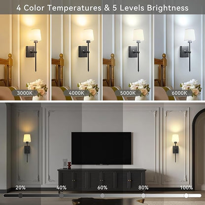 Rechargeable Battery-Operated Wall Sconces Set of 2: Black Wireless Wall Lights with Touch and Remote, 6000mAh Battery Powered Scone Lighting Cordless Wall Lamp for Bedroom Living Room Hallway