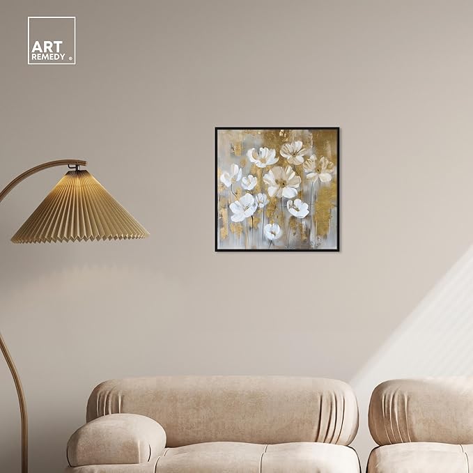 Art Remedy Golden Daisies Canvas Elegant White Gold Wall Art, Black Frame, 20" x 20"