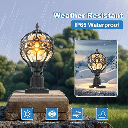 Dusk to Dawn Outdoor Lamp Post Lights, Aluminum Rust-proof Globe Post Light for Porch Front Door Driveway Lawn Garden, Black Sphere Exterior Pillar Post Light, Hardwired 3" Pier Mount Post Lantern
