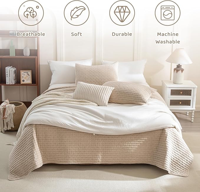 Sanracie Oversized King Bedspread (128"x120"), 100% Cotton Cross Stitch Pattern California King Coverlet Quilt Set 3Pcs Warm Taupe Colored Lightweight Extra Large King Bed Quilt for All Season