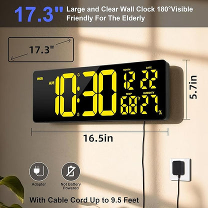 Large Digital Wall Mount Clock 17.3", 15 Color Modes Jumbo Numbers, 8 Color Modes Atmosphere Lights, Led Large Display Auto-Dimming/DST, for Classroom Living Room Garage Gym, Gift for Senior Mom Dad