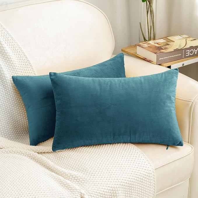 HWY 50 Ocean Blue Velvet Rectangular Throw Pillow Covers 12x20 Inch, Pack of 2 Soft Cozy Solid Decorative Luxury Cushion Cases for Couch Sofa Bed Living Room Bedroom
