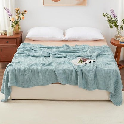 Love's cabin 6 Layer 100% Cotton Muslin Blanket, 90"x90" Muslin Blanket Queen for Couch Bed, Lightweight and Breathable Cotton Gauze for Adult, Cyan
