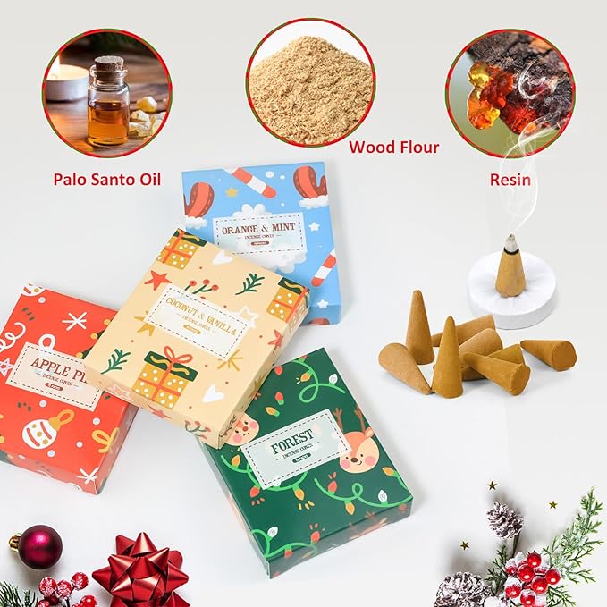 STRN Christmas Incense Cones Scented Kit, 120 Assorted Christmas Scented Cones with Incense Holder