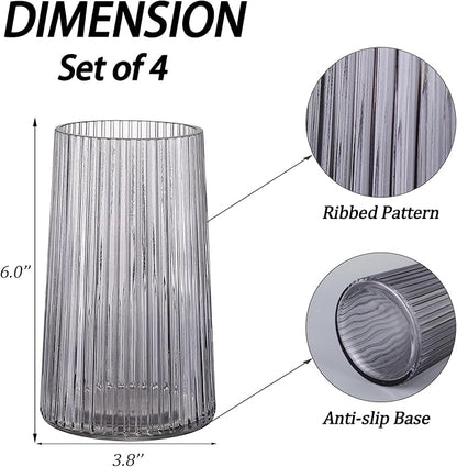 Black Glass Vases Set of 4, Small Vases for Flowers, Flower Vase for Bouquet, Modern Ribbed Glass Vase for Living Room, Bedroom, Dining Table, Office, Wedding, Centerpieces