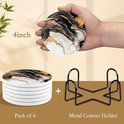 Black Gold Marble Ceramic Coaster Set of 6, Water-Absorbent Beverage Pads for Dining Table Decor & Glass Protection