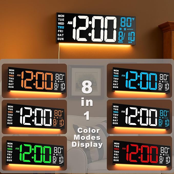 TrophyRak 16" Large Digital Wall Mount Clock, Count Down Timer, Alarm, Big LED, RGB Color, DST, Temperature for Living Room Classroom Desk, Wall, Xmas, Birthday Gift for Senior Mom Dad, White Blue
