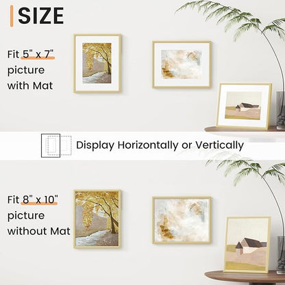 8x10 inch Metal Picture Frame - 8 x 10 Thin Aluminum Photo Frames with 5x7 Removable Mat - High Definition Plexiglass - Ideal for Wall or Tabletop Display - Wall Hook Hanging Hardware Included - Gold, Set of 1