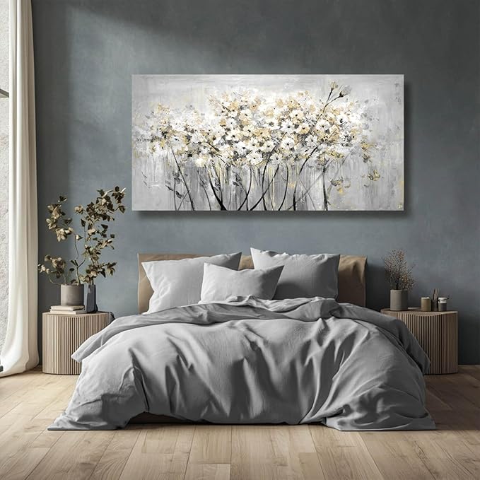 Flowers Canvas Wall Art White Paintings Grey Gold Contemporary Artwork Master Bedroom Wall Decor 29"x 58" Large Framed Art for Living Room Office Home Decor