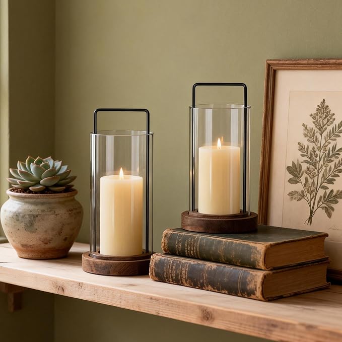 Houmury Set of 2 Brown Hurricane Candle Holders Lantern 12” & 10”with Wood Base Metal Handle Glass Cylinder Modern Farmhouse Decor for Home Decor, Table Centerpieces (Brown)